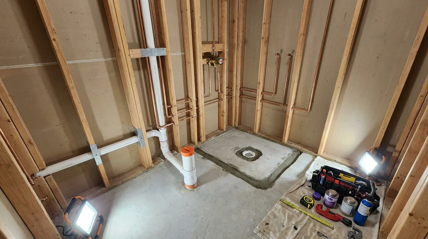 Bathroom rough-in plumbing during remodel by Johns Plumbing LLC in Wasilla