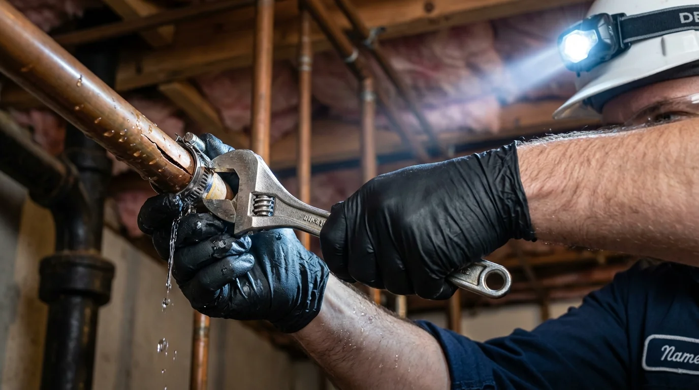 Emergency pipe clamp repair being performed by a Johns Plumbing LLC plumber in Wasilla