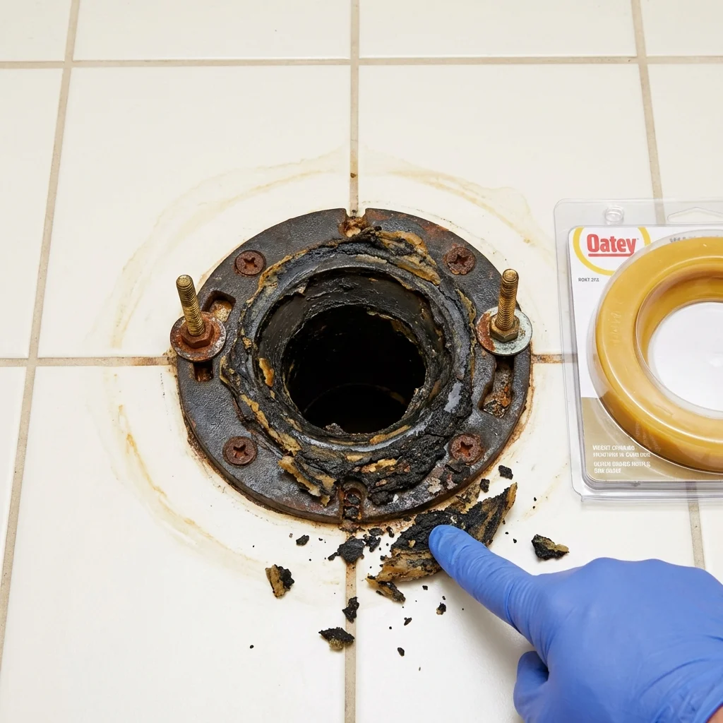 Failed wax ring showing water seepage at the base of a toilet in a Wasilla, AK home