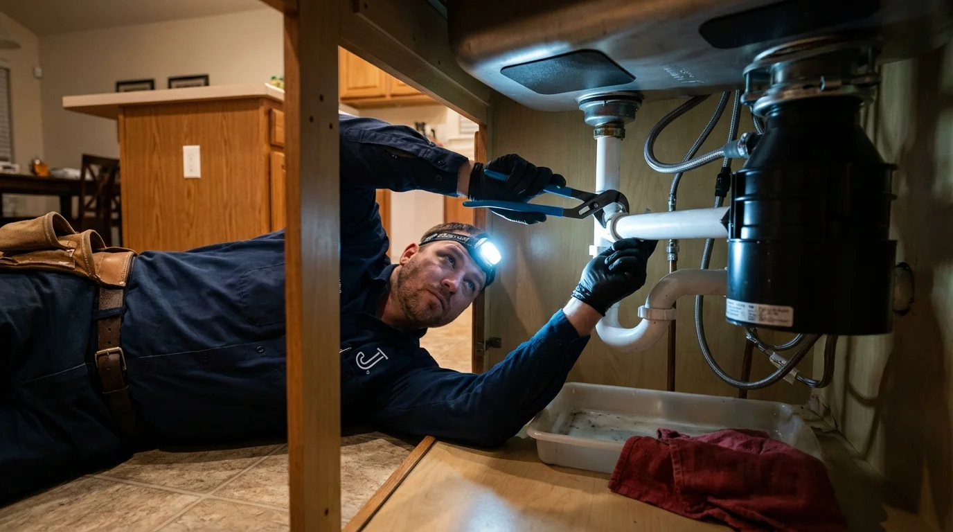 P-trap and supply line connections under a kitchen sink showing a common leak point in Wasilla, AK